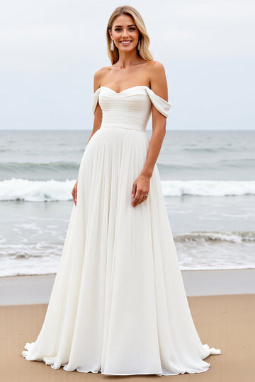 Robe de mariée ivoire plissée à épaule dénudée